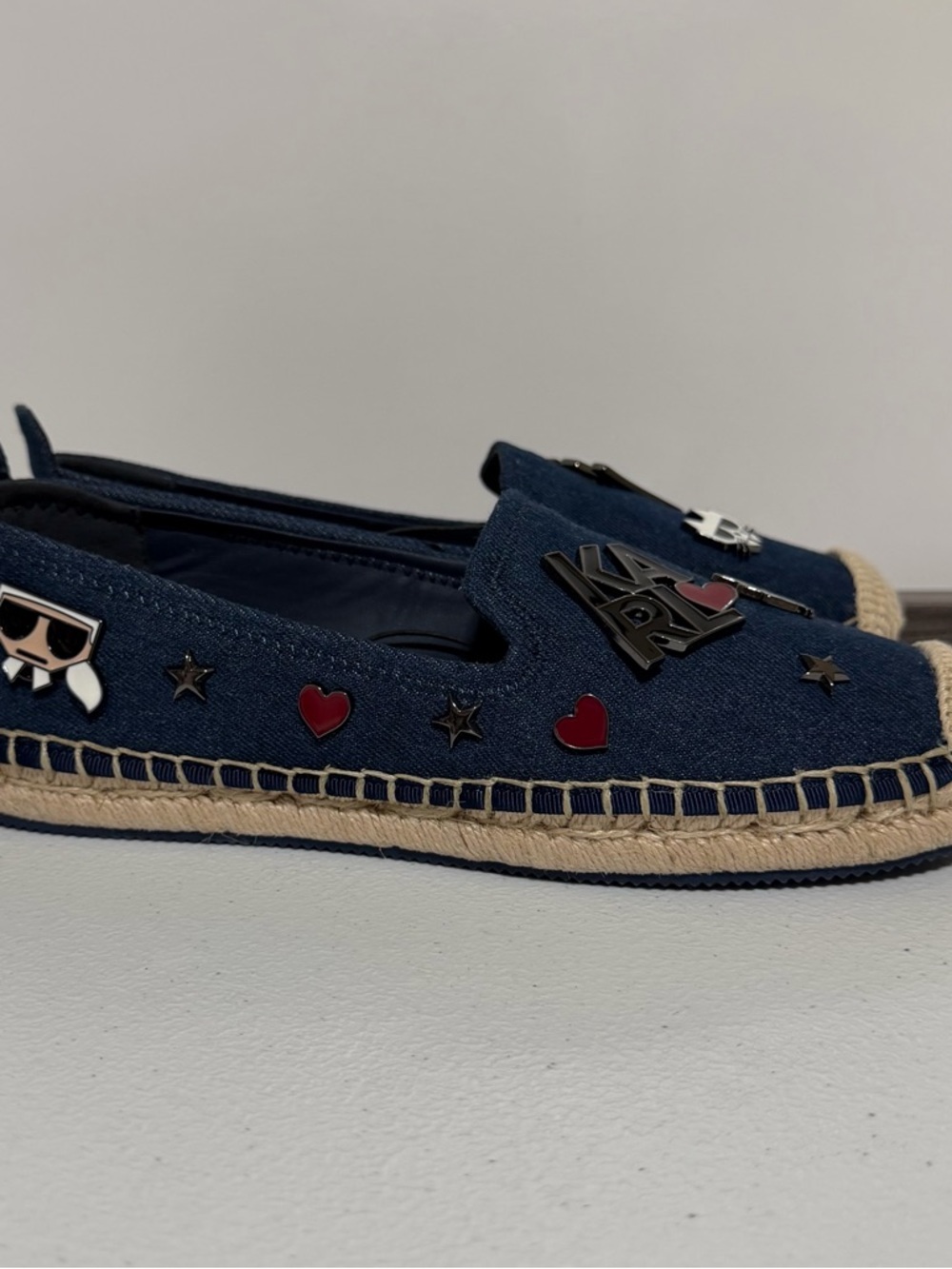 Karl Lagerfeld Paris Malvie Denim Embellished Espadrilles-Size 5.5M New